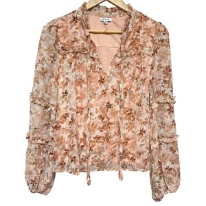 Anthropologie‎ BTFL-life Floral Puff Sleeve Blouse Womens M Cottage Ruffle Sheer